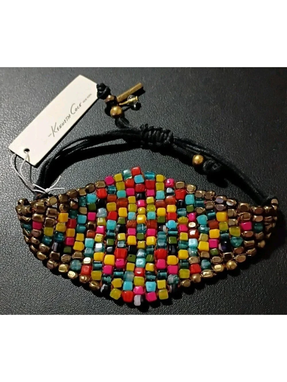 NWT KENNETH COLE Colorful Diamond Beaded Panel Bracelet Signed Gold Black